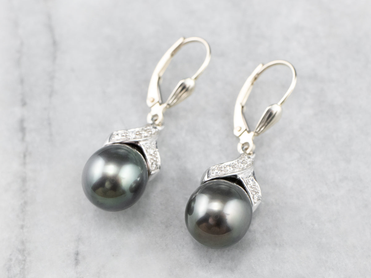 Grey Pearl Diamond White Gold Drop Earrings