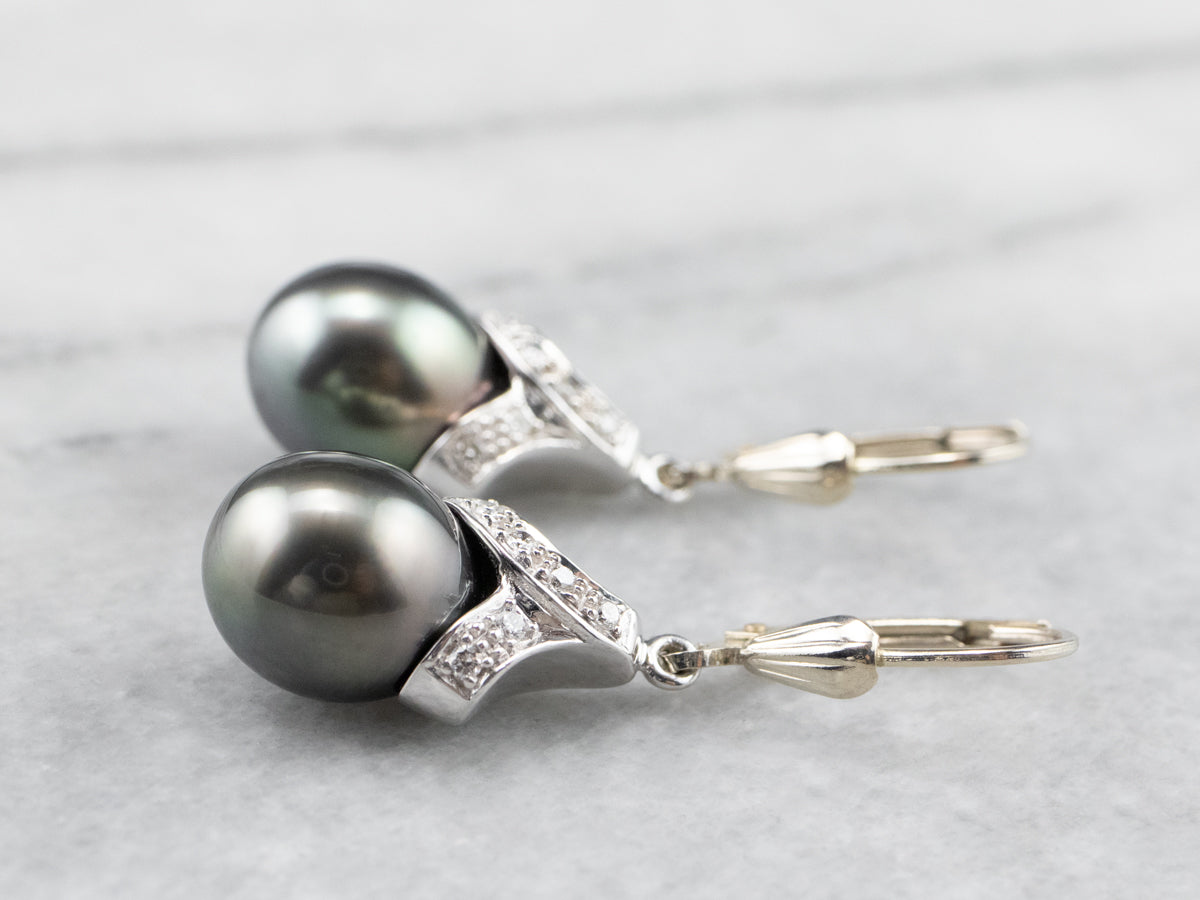 Grey Pearl Diamond White Gold Drop Earrings