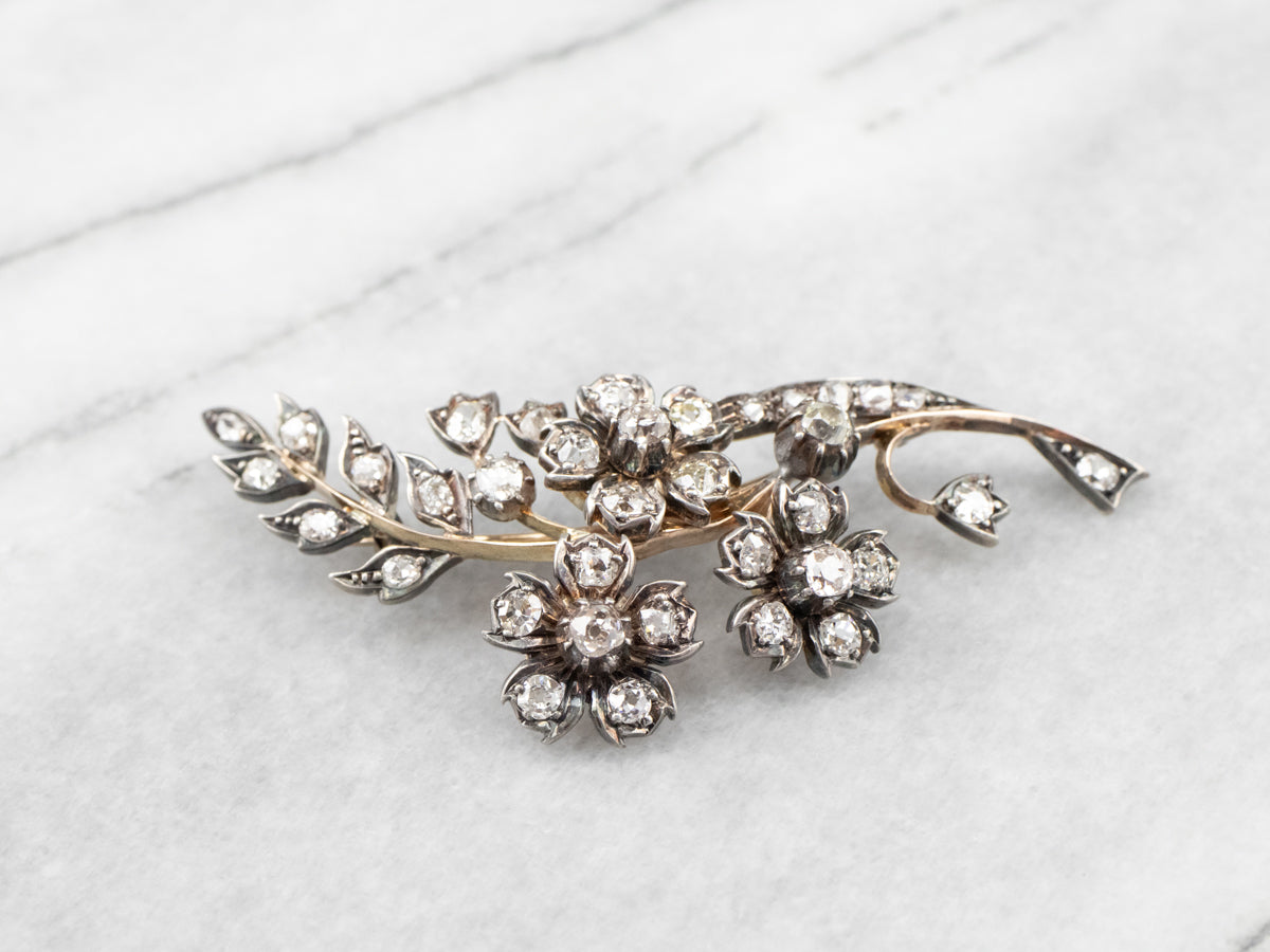 Market Square Jewelers Old Mine Cut Diamond 1850s Floral Brooch