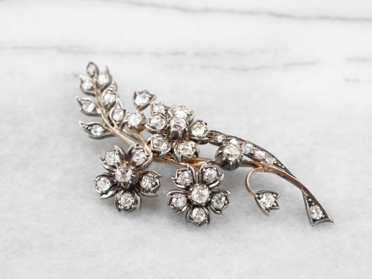 Old Mine Cut Diamond 1850s Floral Brooch