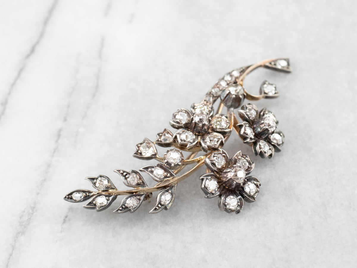 Old Mine Cut Diamond 1850s Floral Brooch