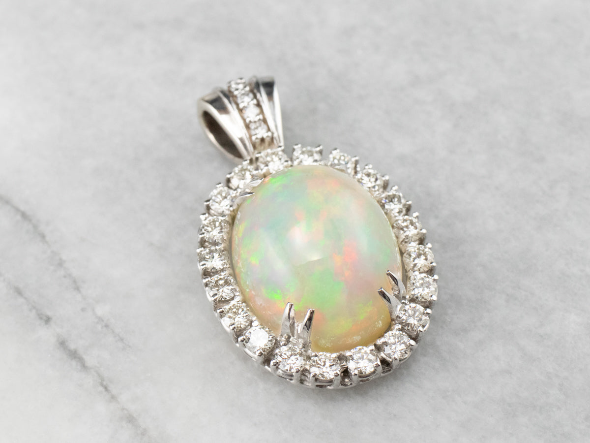 Opal Diamond Halo White Gold Statement Pendant