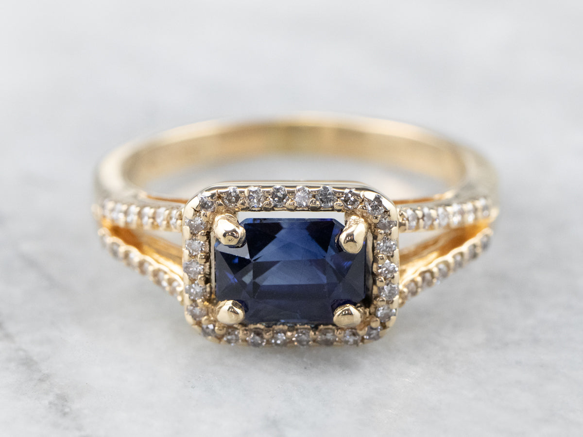 Gold Sapphire and Diamond Halo Ring