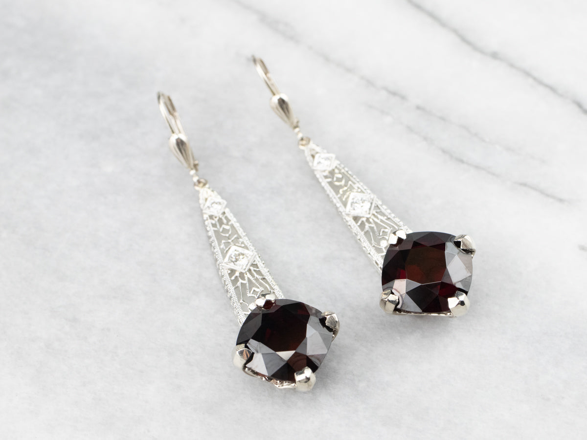 Pyrope Garnet and Diamond Filigree Drop Earrings