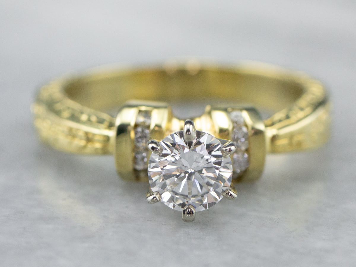 Diamond Patterned Gold Engagement Ring