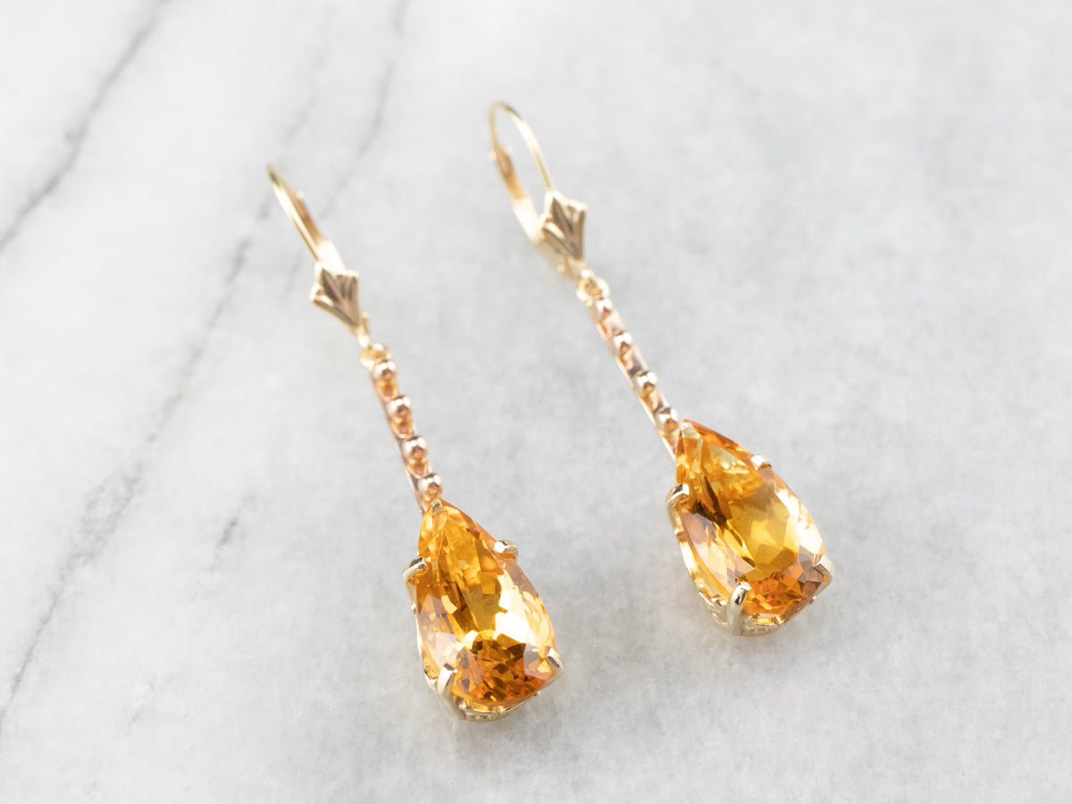 Pear Cut Citrine Gold Bar Drop Earrings