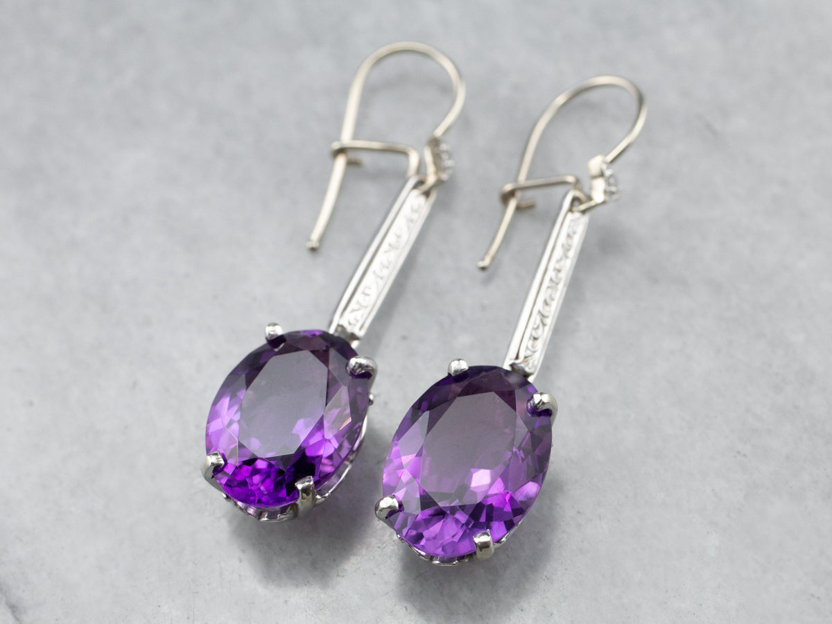 Engraved Amethyst and Diamond Drop Earrings