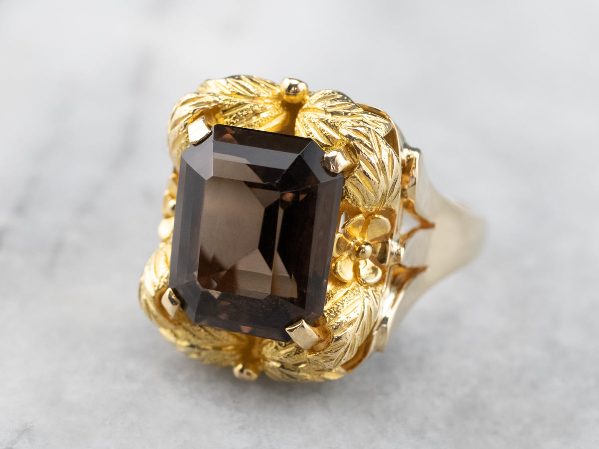 Vintage Smoky Quartz Botanical Gold Statement Ring