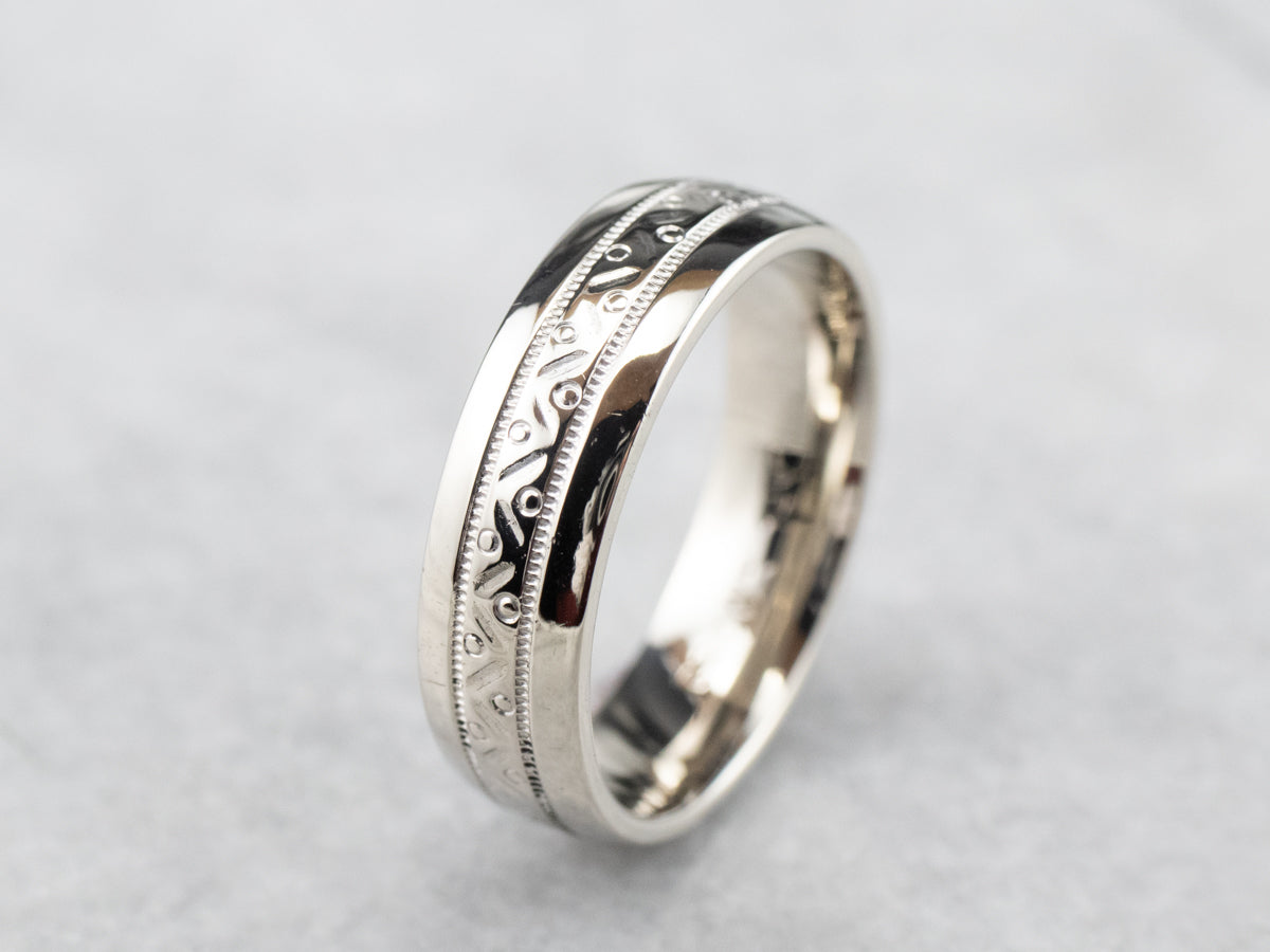 Patterned White Gold Wedding Band