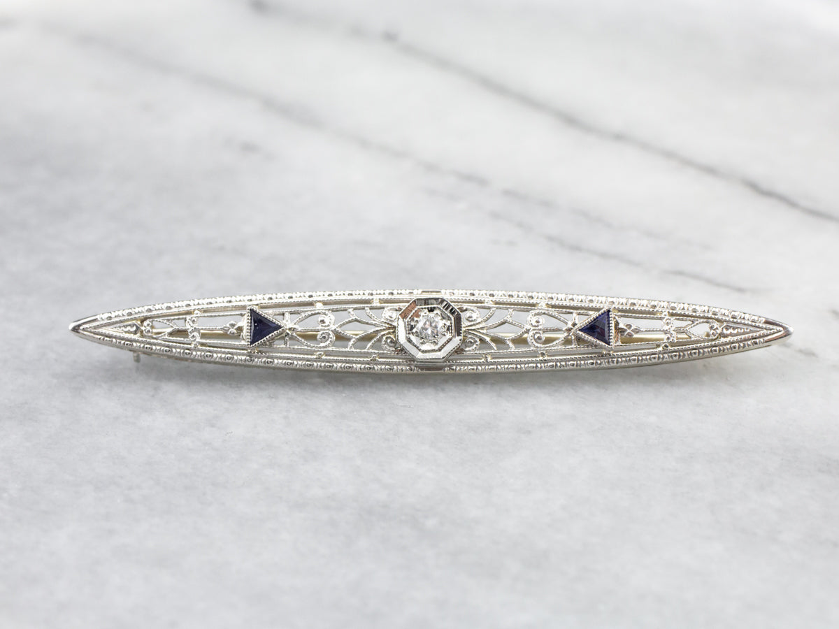 Art Deco Diamond White Gold Filigree Bar Pin