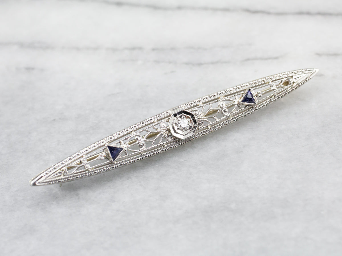 Art Deco Diamond White Gold Filigree Bar Pin