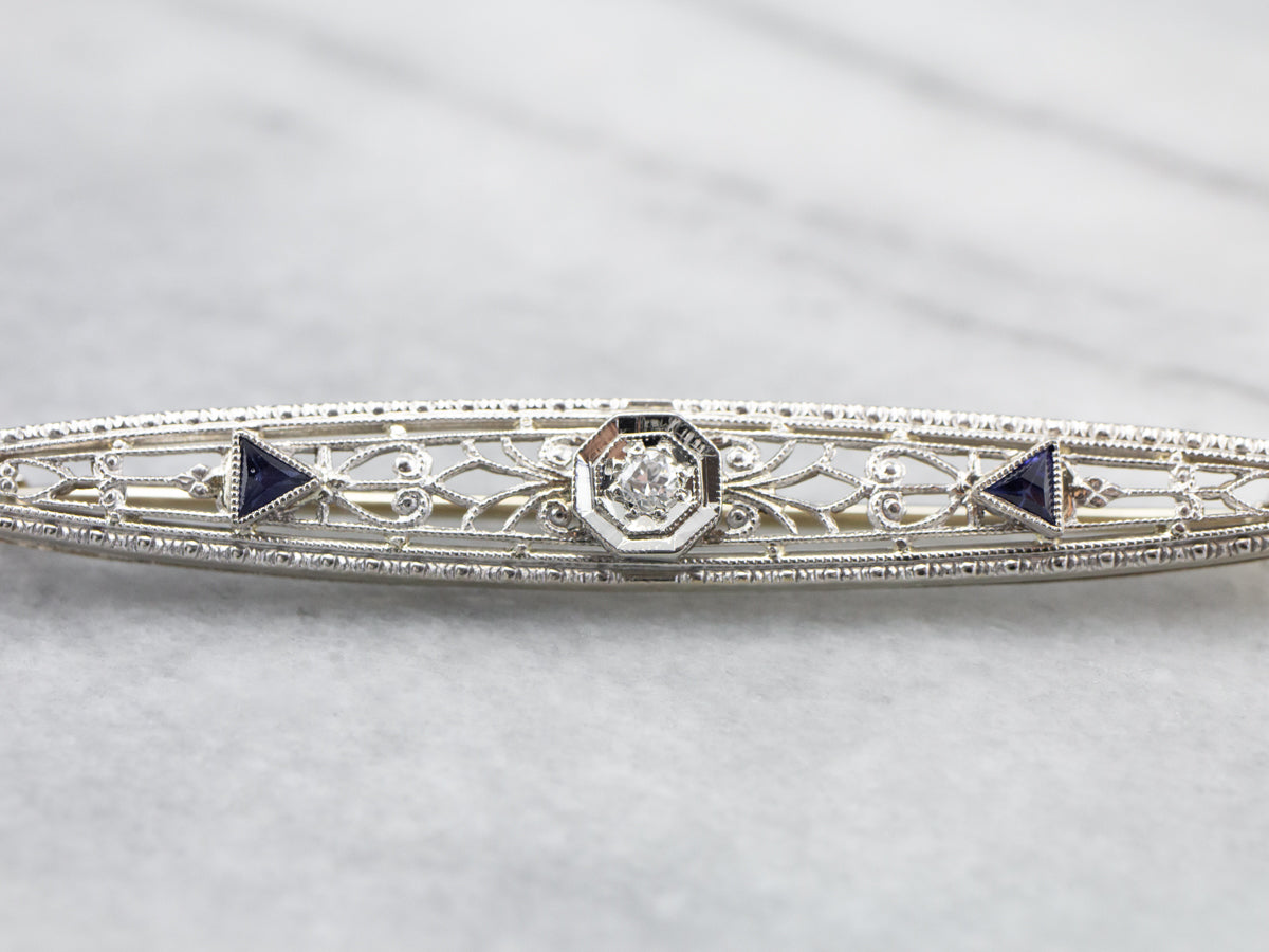 Art Deco Diamond White Gold Filigree Bar Pin