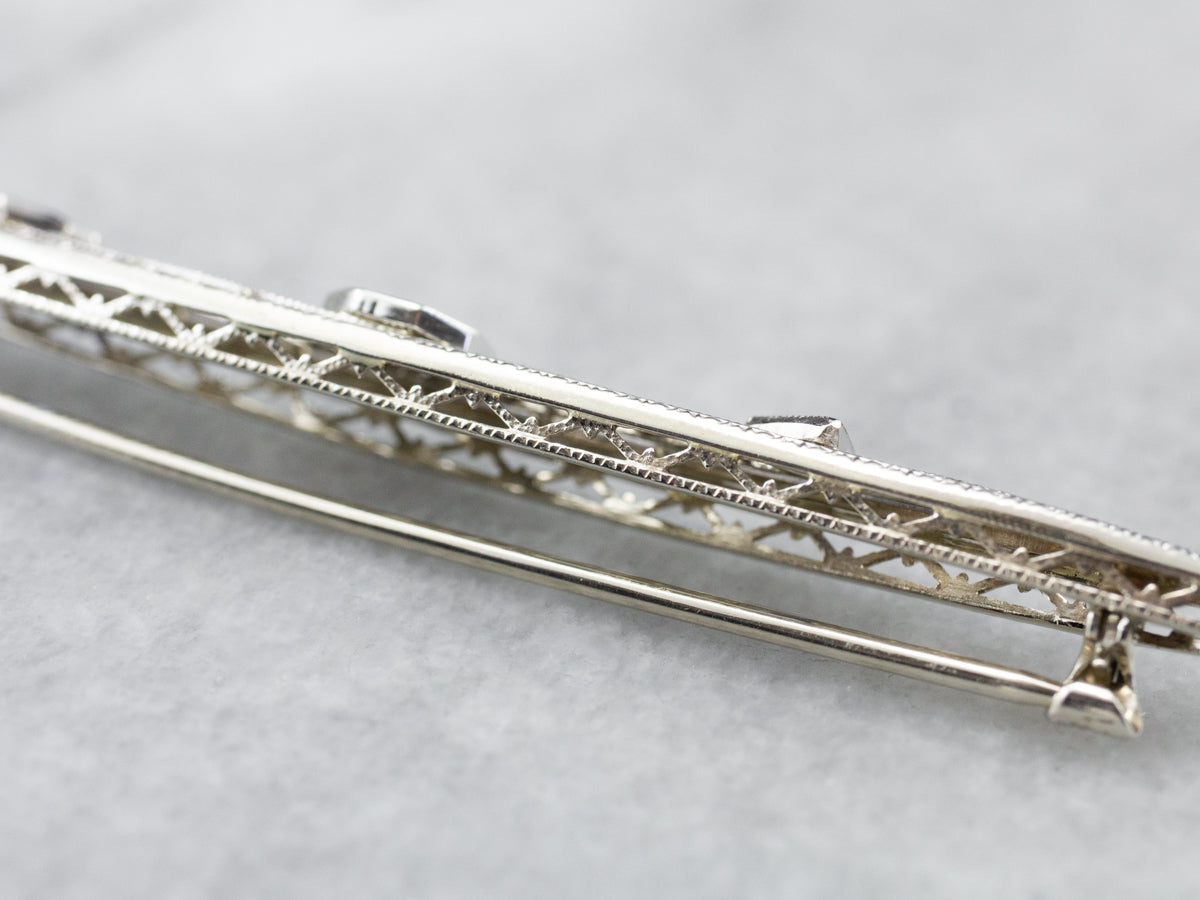 Art Deco Diamond White Gold Filigree Bar Pin