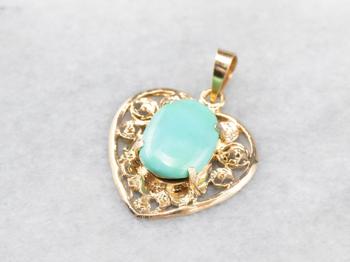 Turquoise Gold Filigree Heart Pendant