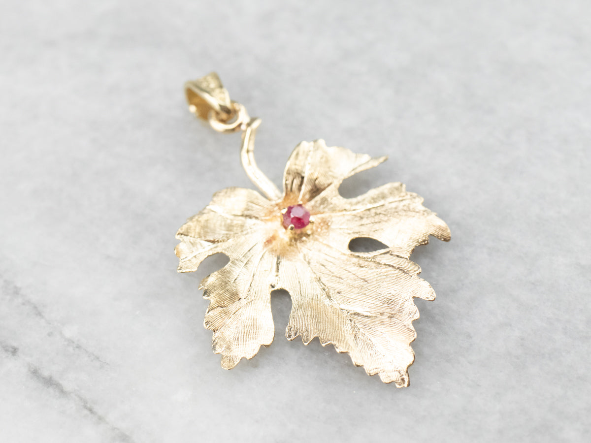 Yellow Gold Ruby Grape Leaf Pendant