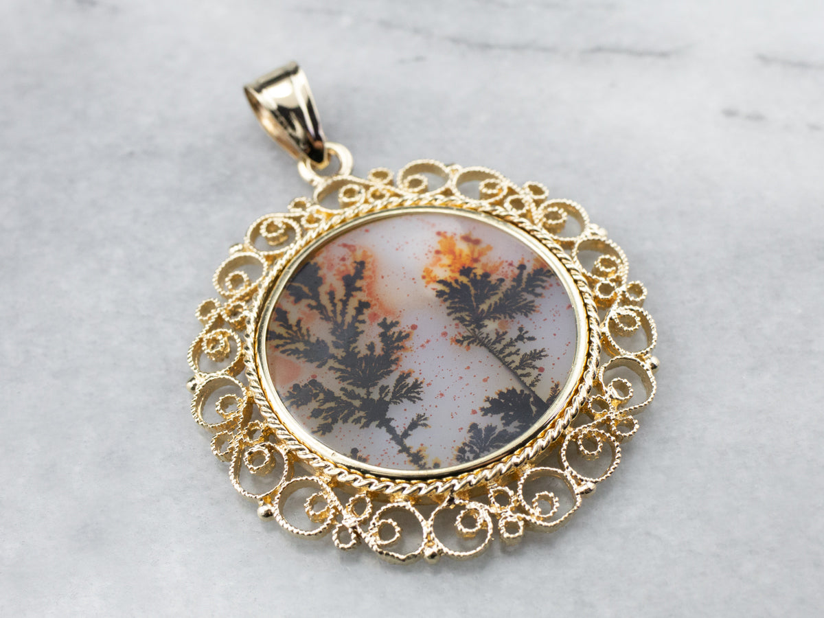 Dendritic Agate Gold Filigree Statement Pendant