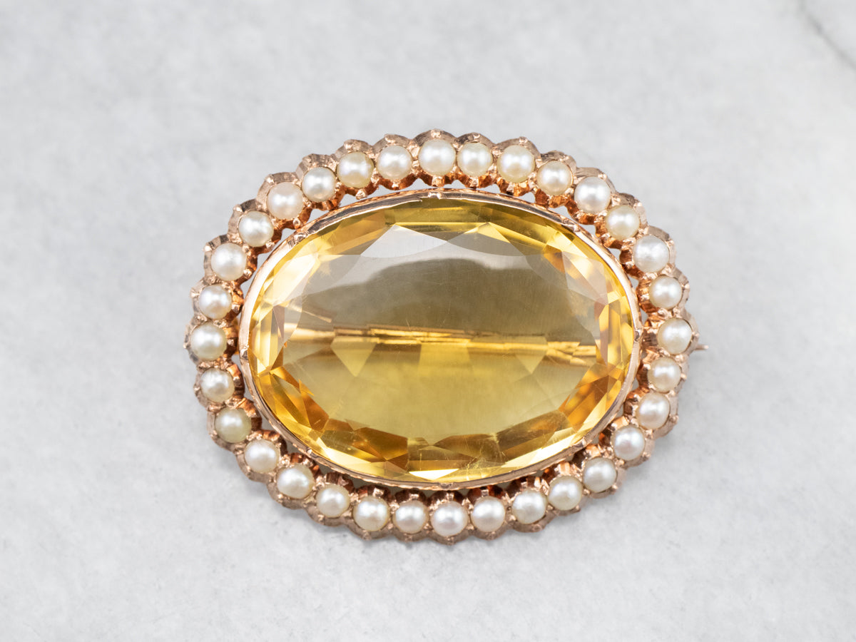 Victorian Citrine Seed Pearl Rose Gold Brooch