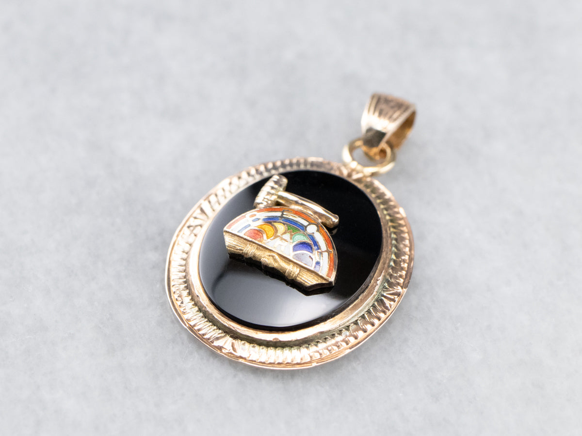 Vintage Rainbow Girls Enamel Black Onyx Rose Gold Pendant