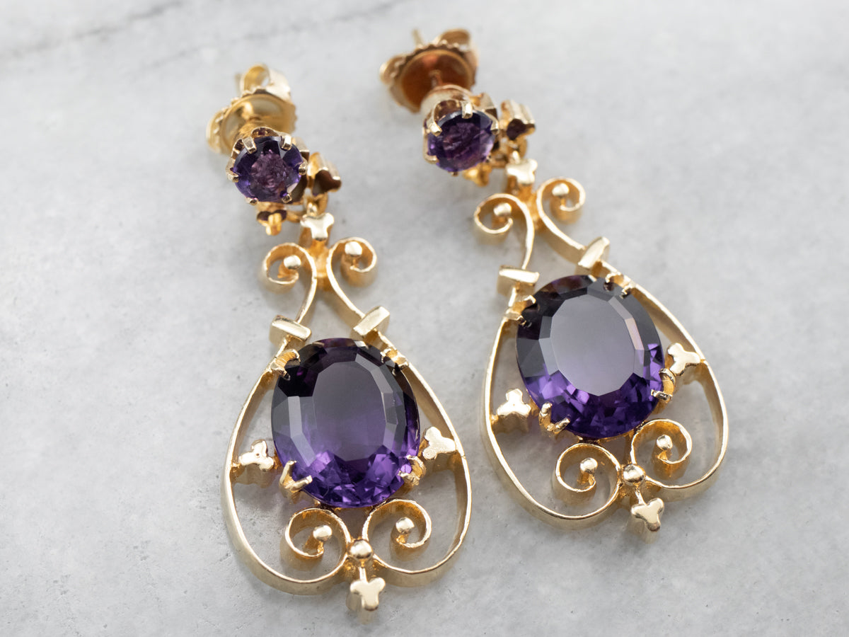 Victorian Revival Amethyst Gold Filigree Drop Earrings