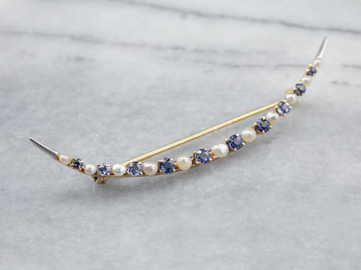 Crescent Moon Sapphire and Pearl Brooch