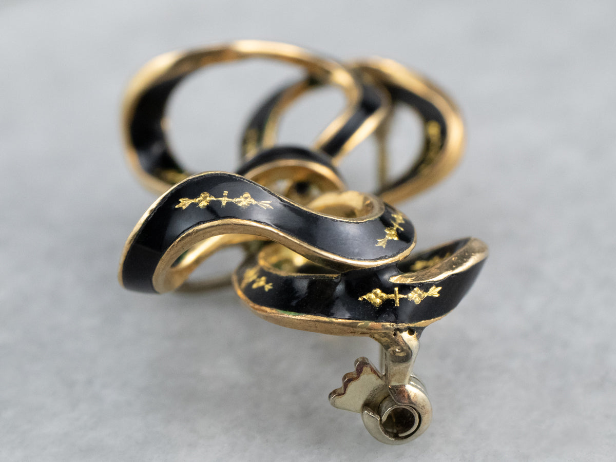 Market Square Jewelers Vintage Black Enamel Gold Bow Brooch