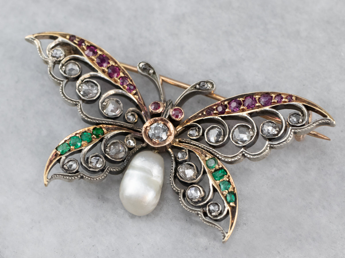 Broche de mariposa con piedras preciosas Art Nouveau