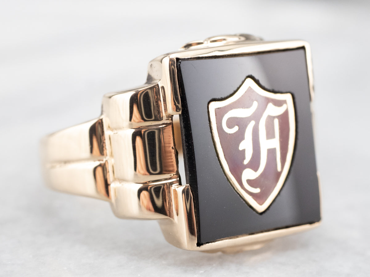 Vintage &quot;F&quot; Onyx and Enamel Signet Ring