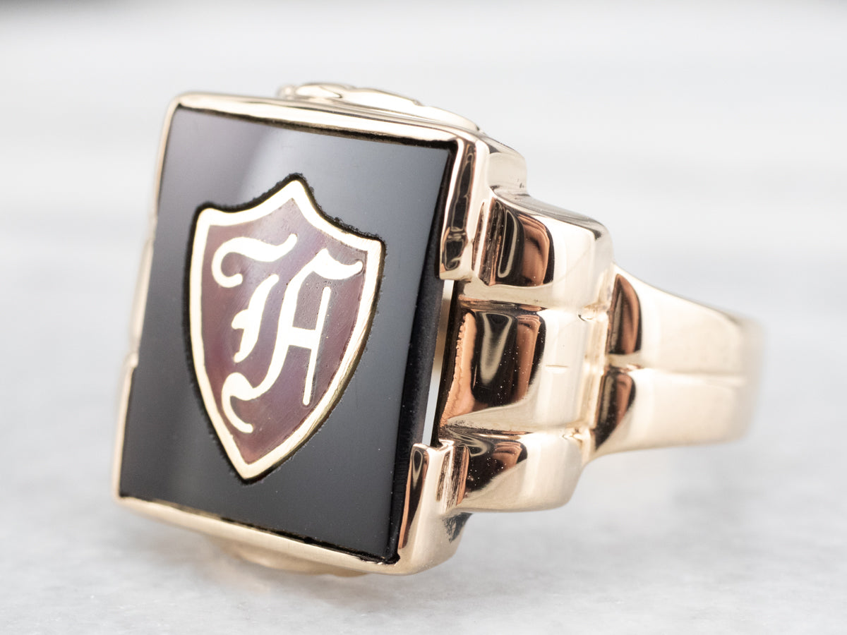 Vintage "F" Onyx and Enamel Signet Ring