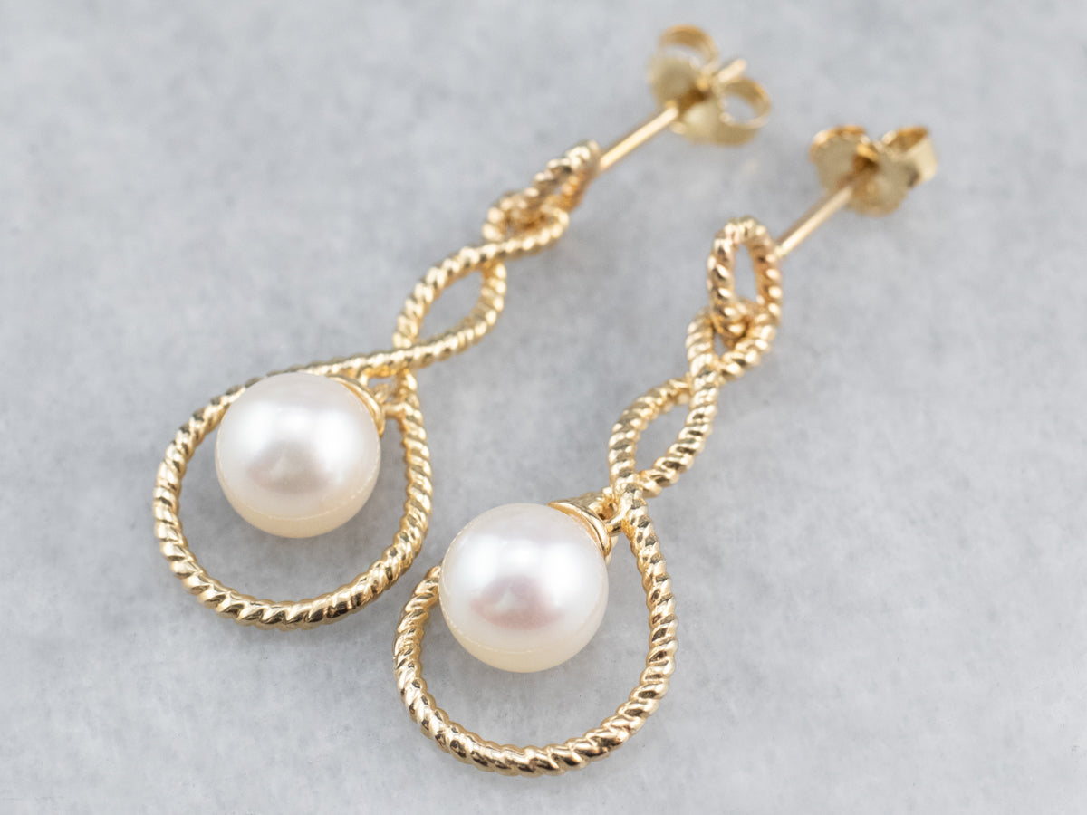 Pearl Gold Twisted Wire Drop Earrings