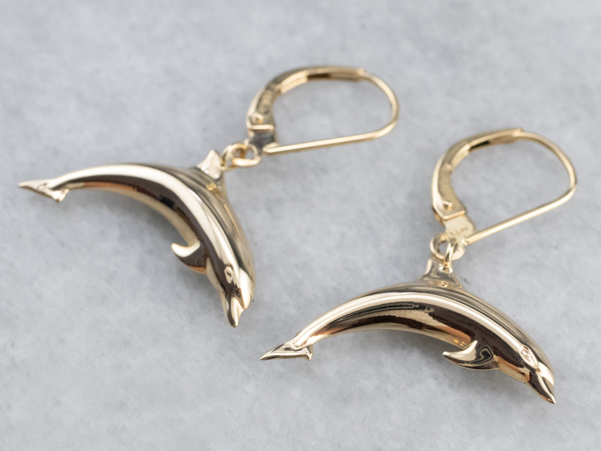 14K Gold Dolphin Drop Earrings