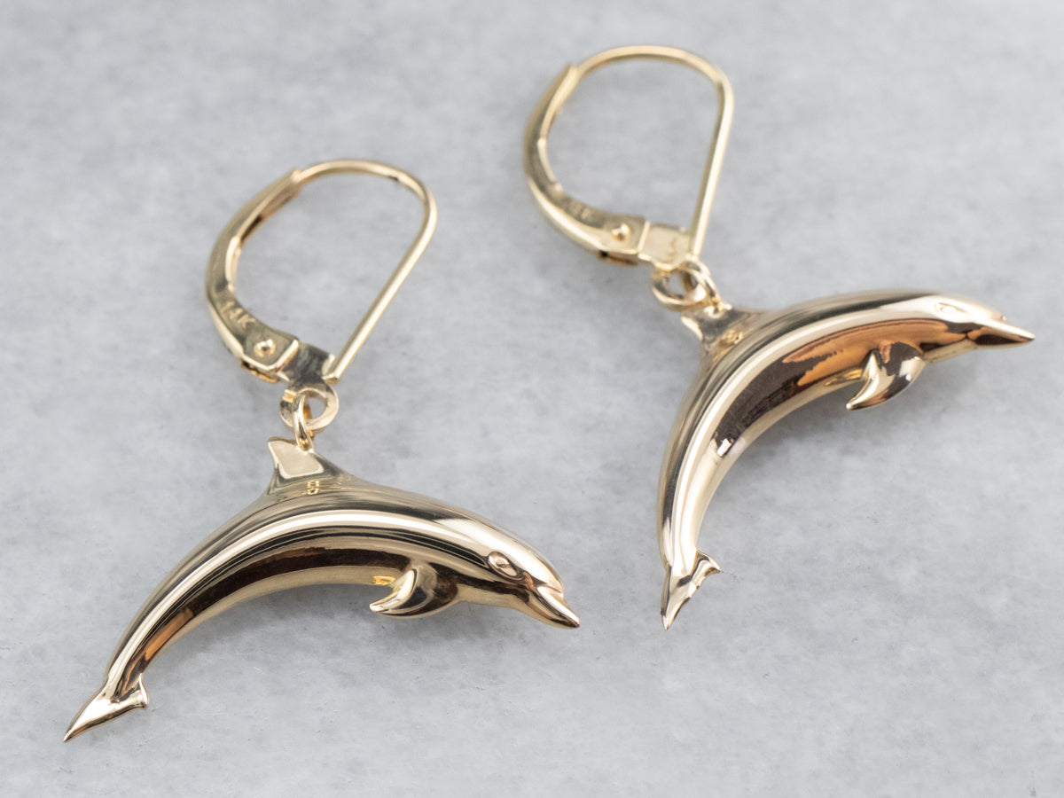 14K Gold Dolphin Drop Earrings