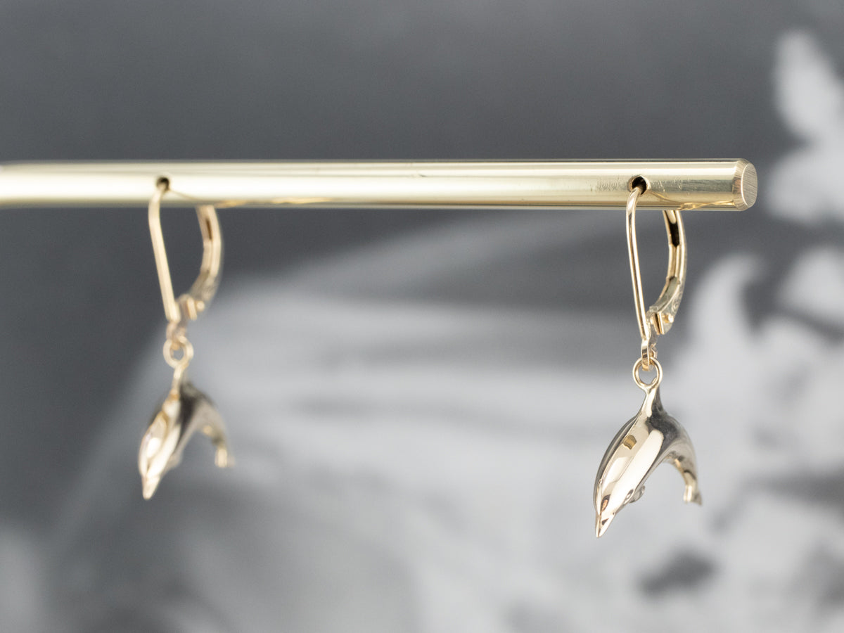 14K Gold Dolphin Drop Earrings