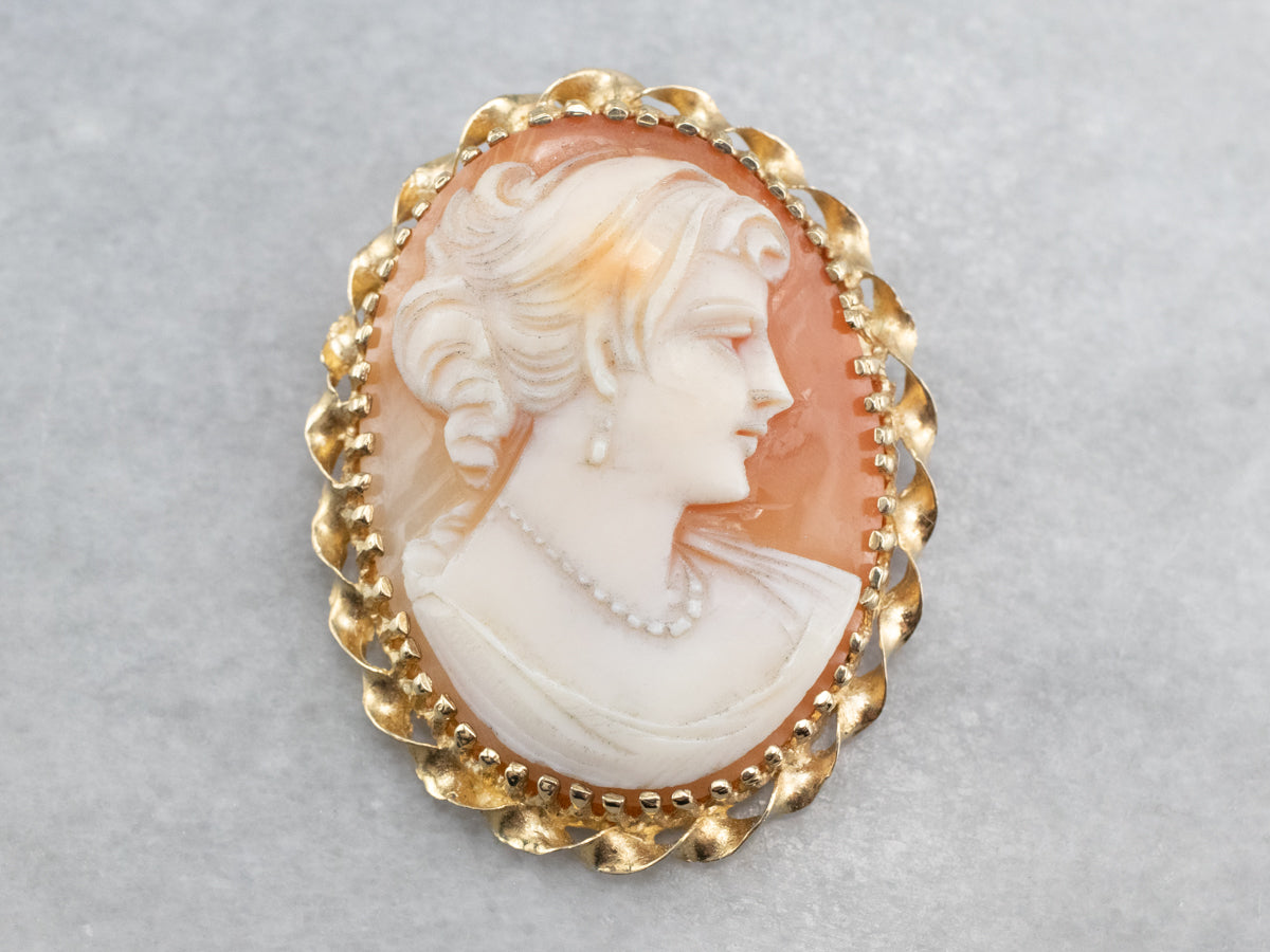 Large on sale - Cameo Brooch - Rope twist mount - Rolled Gold - Pin - c1960s