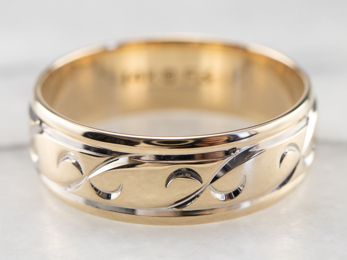 Patterned Two Tone Gold Wedding Band