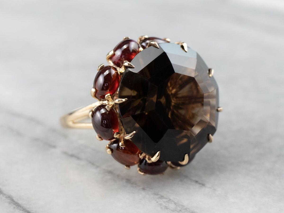 Smoky Quartz Garnet Halo Gold Cocktail Ring