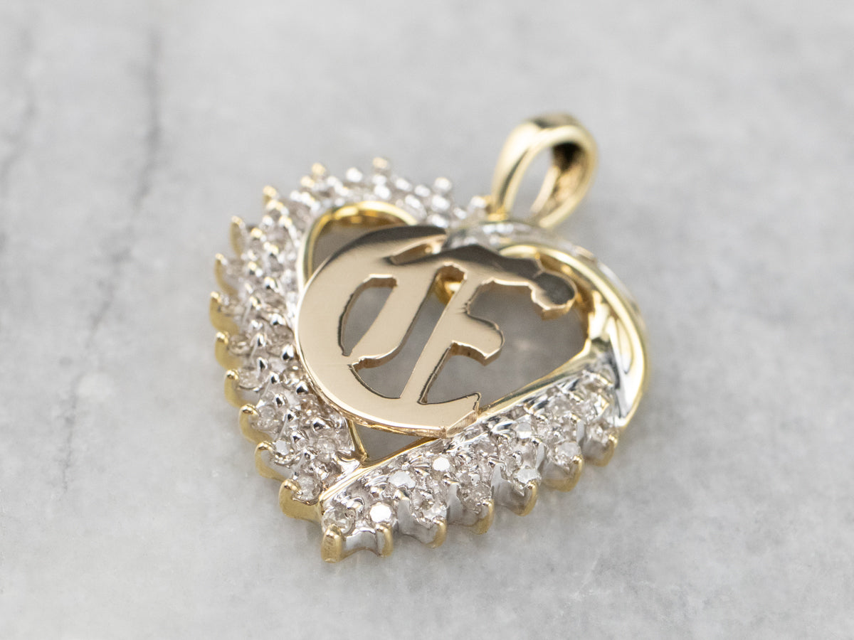 Diamond Heart Old English &quot;C&quot; Initial Pendant