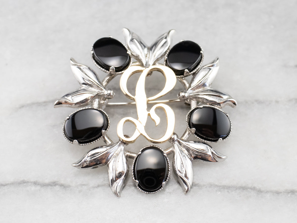 Onyx Silver and Gold &quot;L&quot; Signet Pin