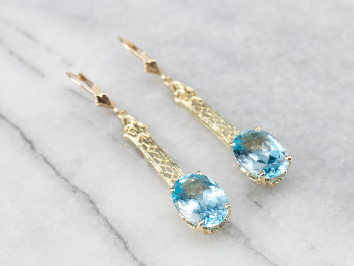 Blue Topaz Gold Filigree Bar Drop Earrings