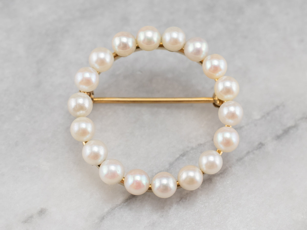 Vintage Pearl Gold Circle Brooch