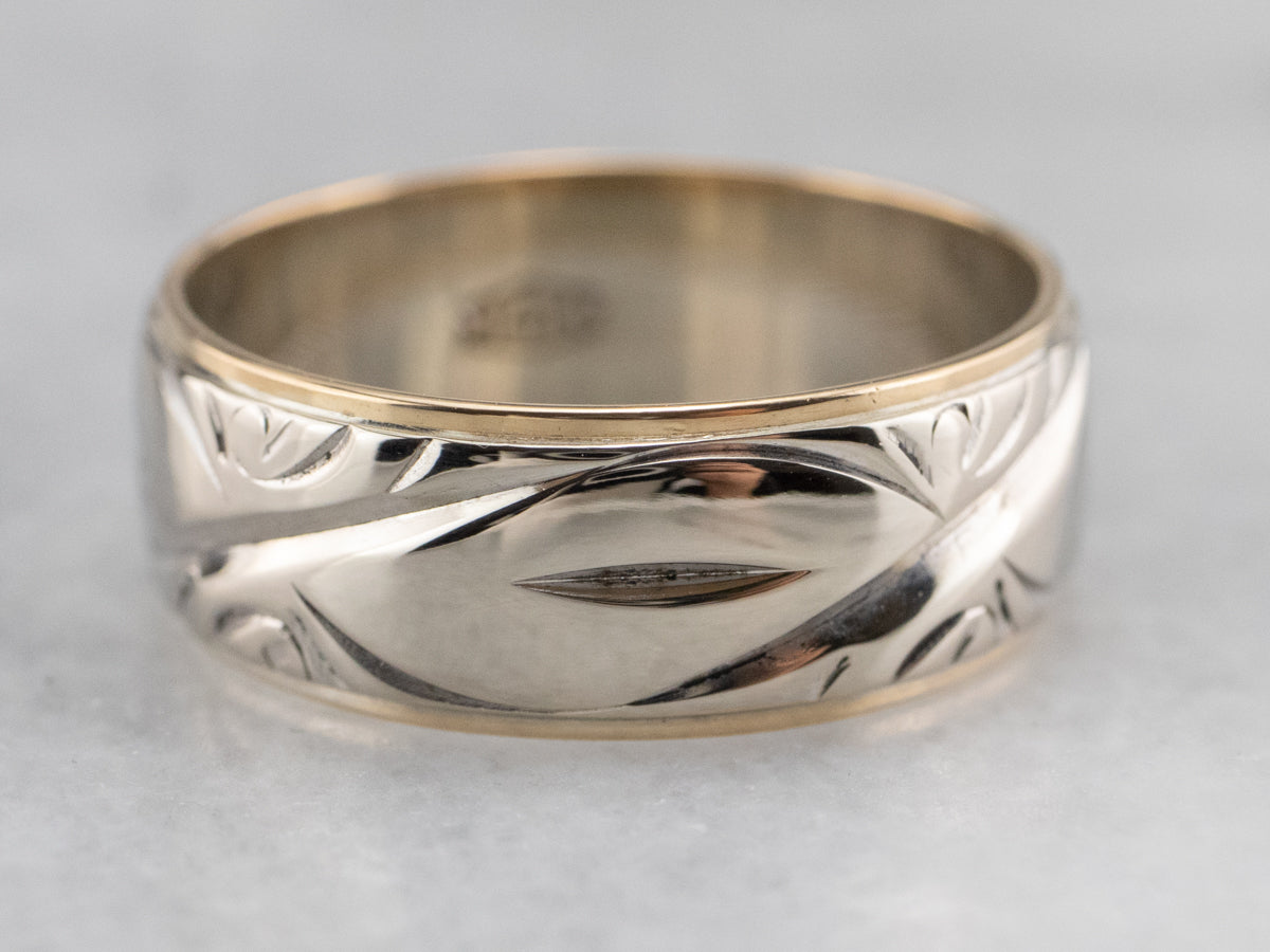 Two Tone 14K Gold Patterned Band