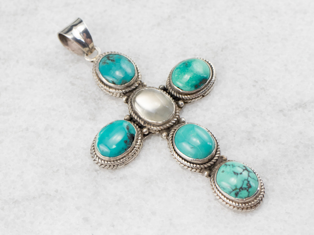 Large Moonstone Turquoise Sterling Silver Cross Pendant