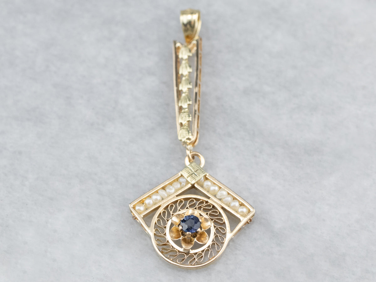 Antique Sapphire Seed Pearl Gold Lavalier Pendant