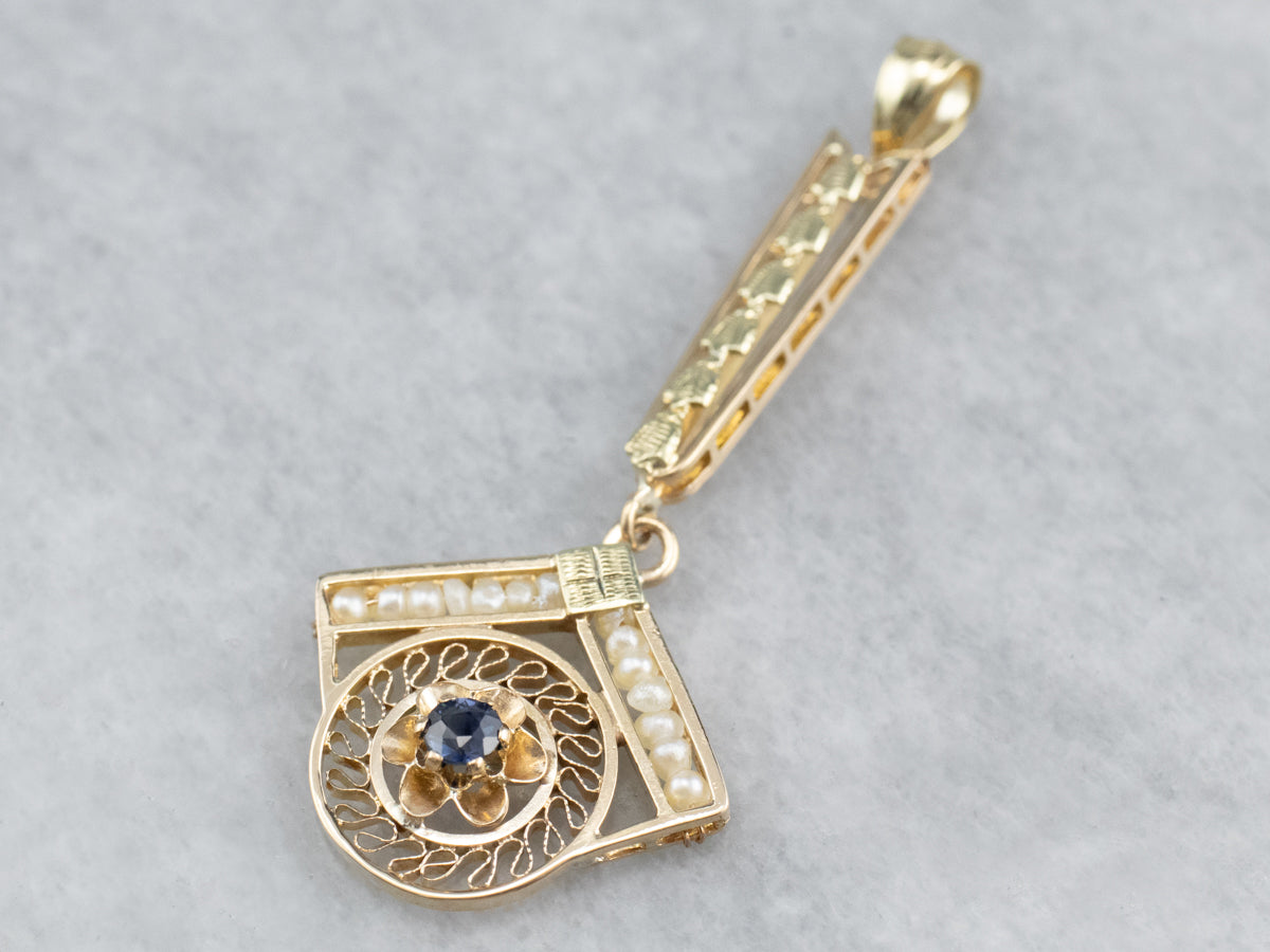 Antique Sapphire Seed Pearl Gold Lavalier Pendant