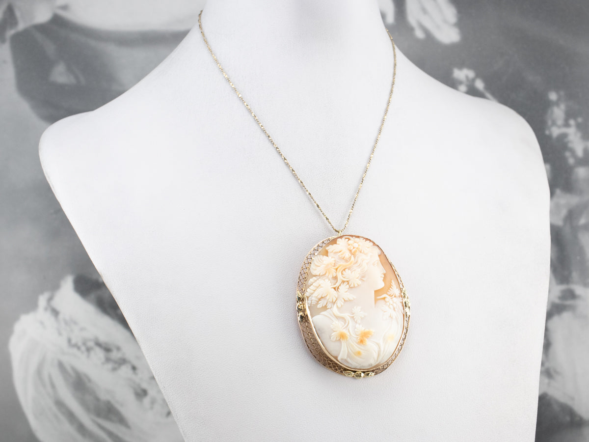 Vintage Bacchante Maiden Cameo Gold Brooch Pendant