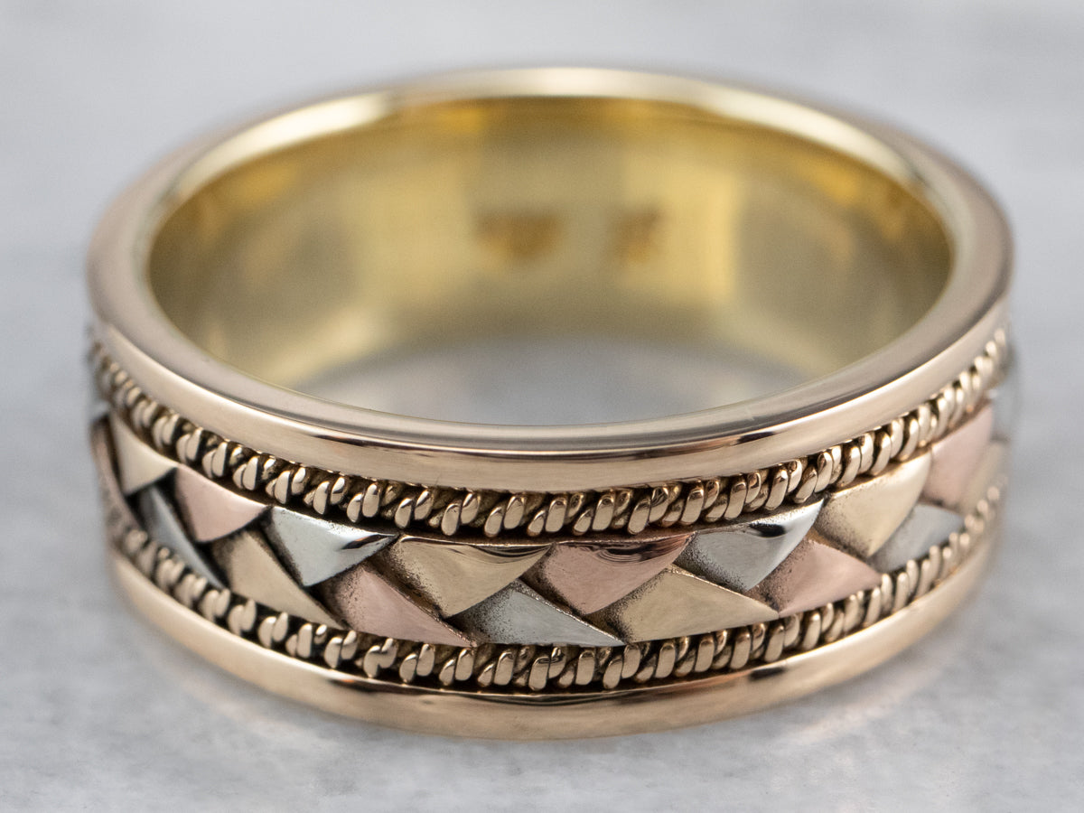 Tri Color Gold Woven Patterned Band Ring