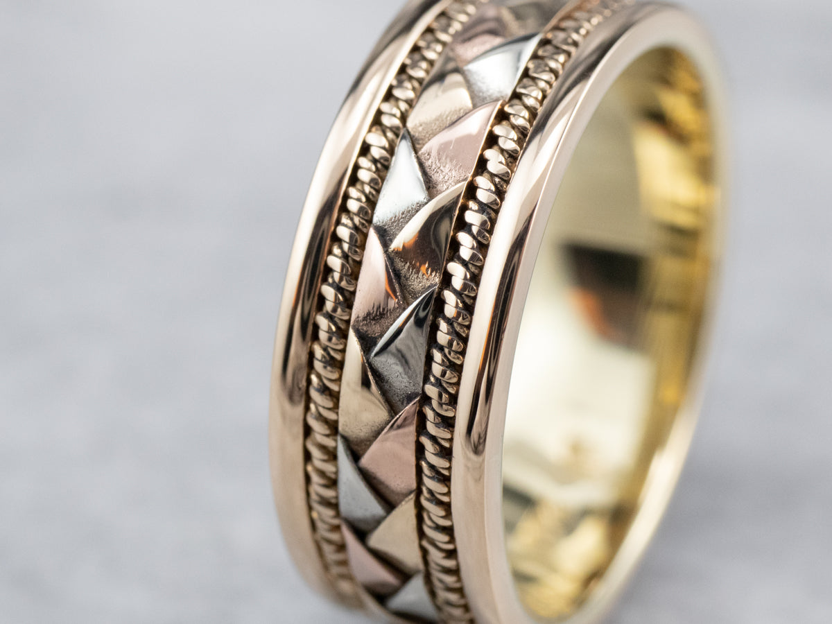 Tri Color Gold Woven Patterned Band Ring