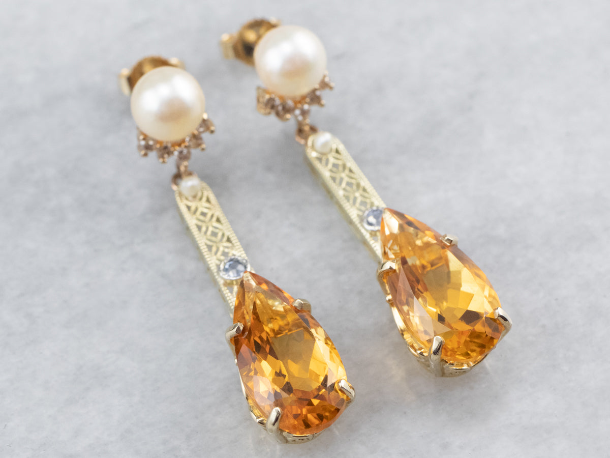 Citrine Pearl Gold Filigree Bar Drop Earrings