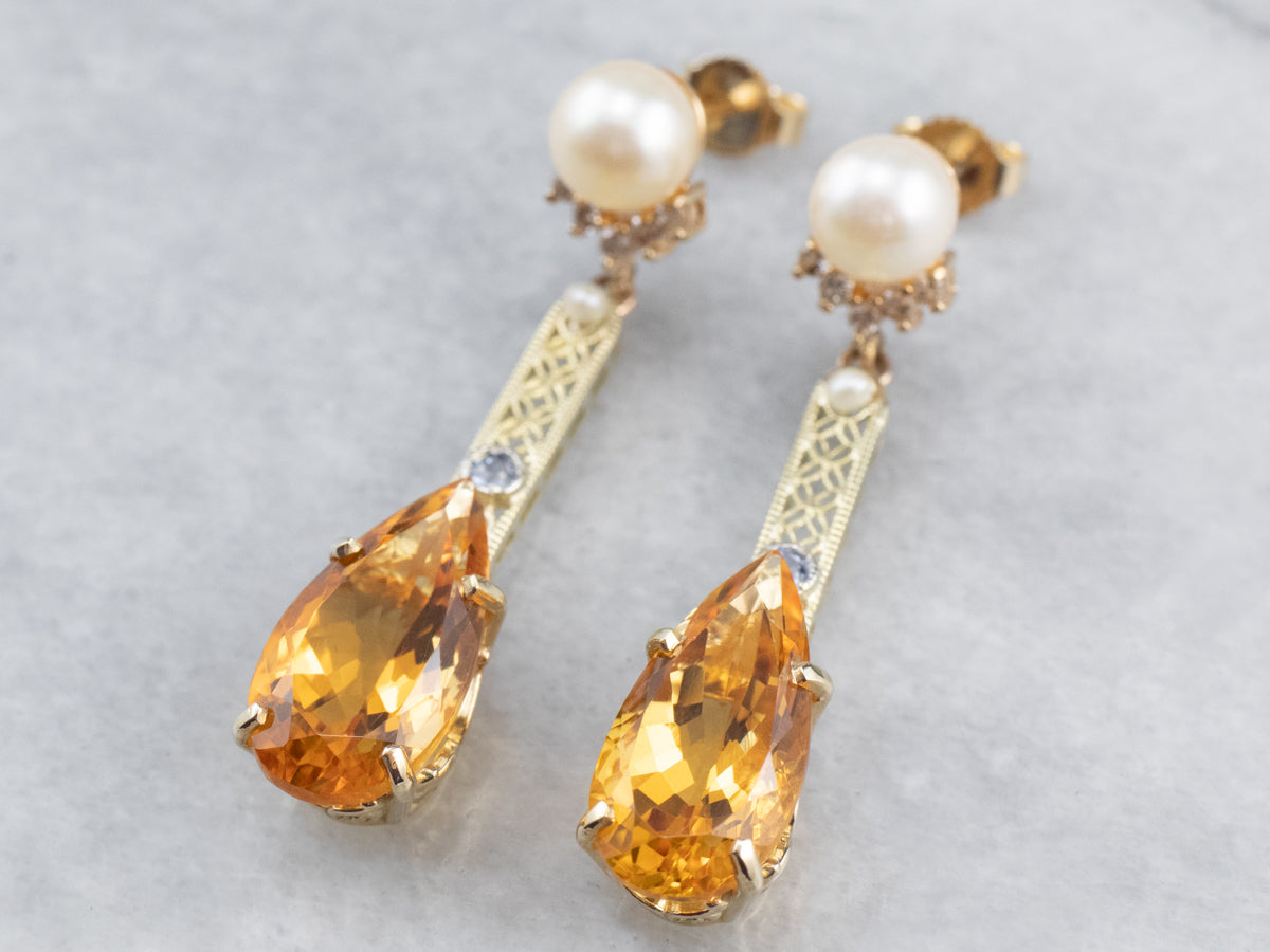 Citrine Pearl Gold Filigree Bar Drop Earrings