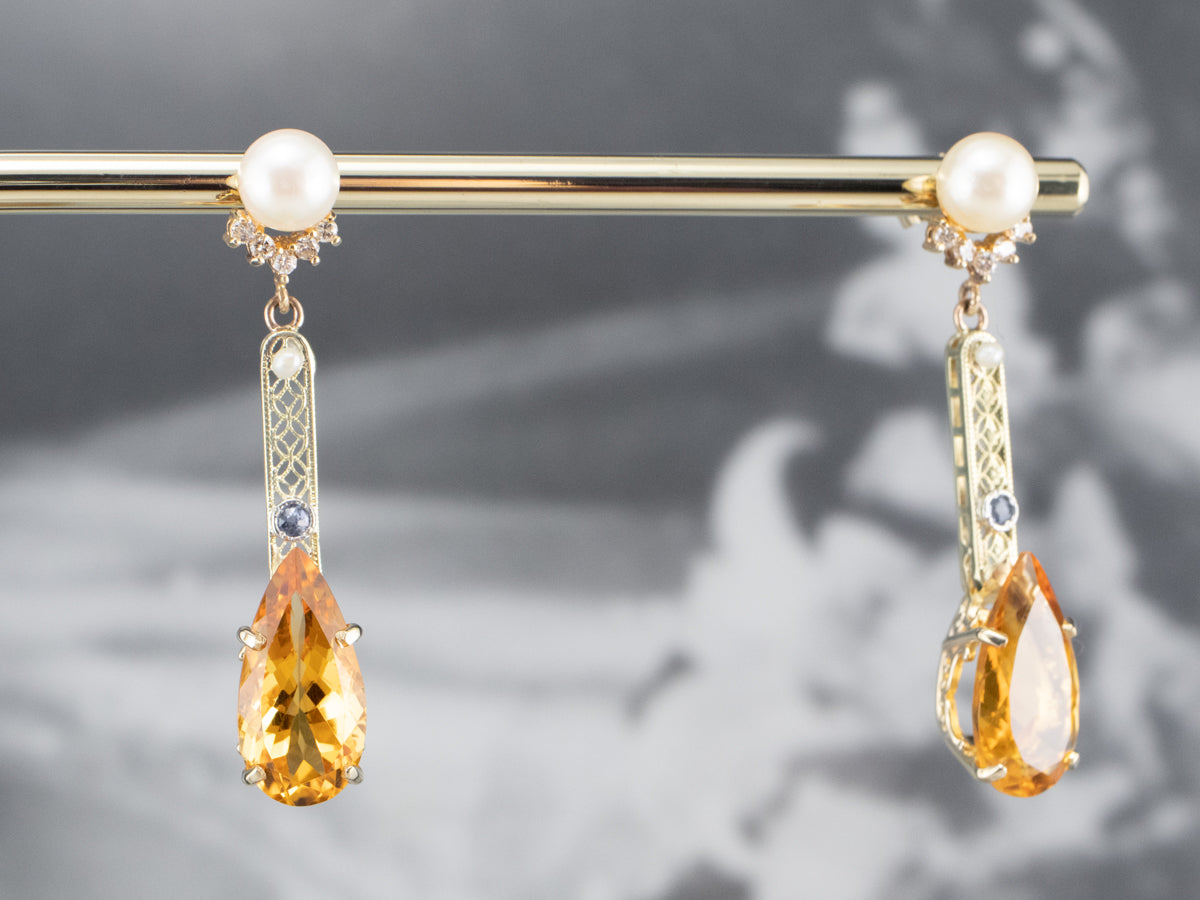 Citrine Pearl Gold Filigree Bar Drop Earrings