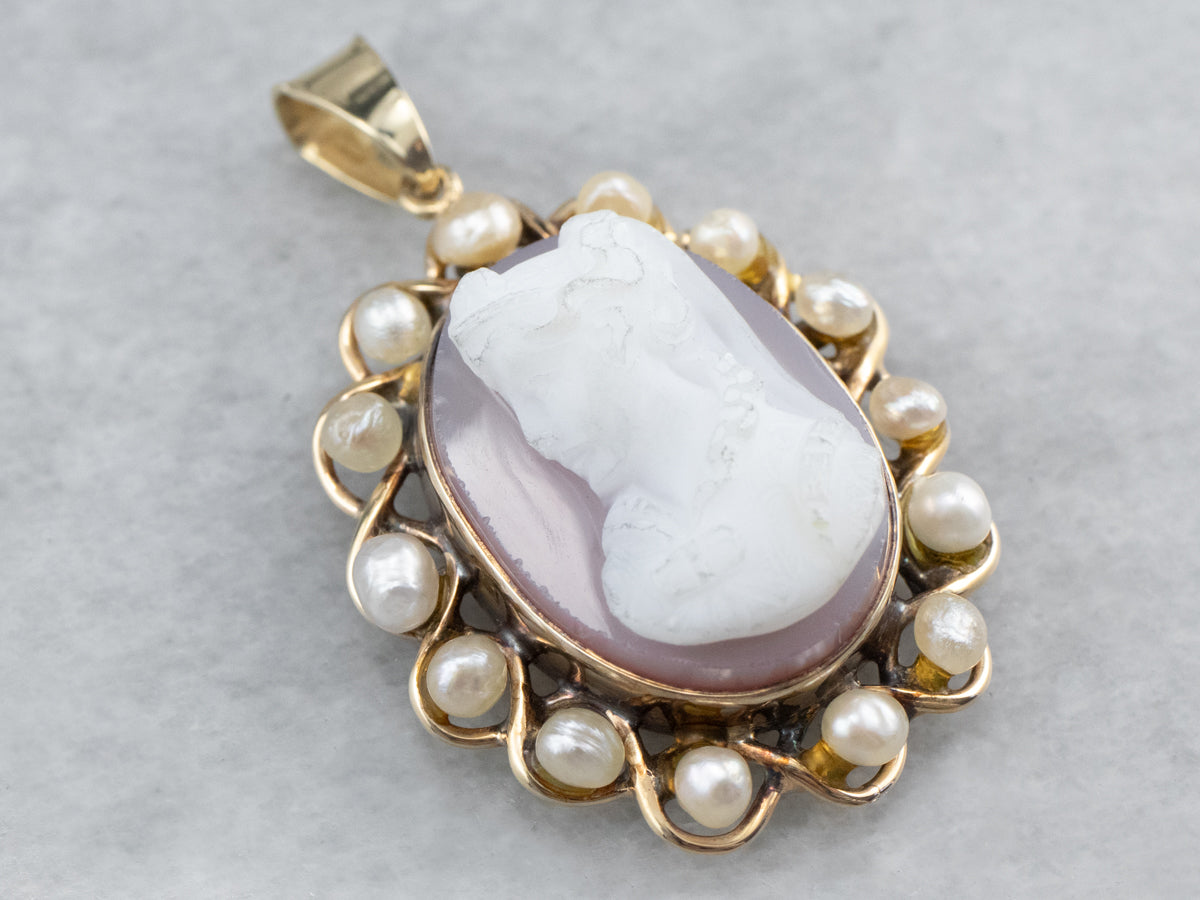 Vintage Sardonyx Cameo Pearl Halo Gold Pendant